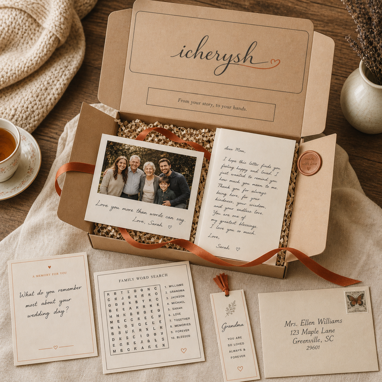 Monthly Cherished Box filled with family photos, messages, and personalized keepsakes for parents
